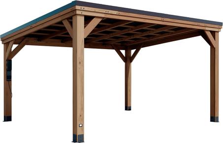 Backyard Discovery Arcadia 14' x 12' Cedar Wood Outdoor Gazebo Pavilion with Hardtop Galvanized Steel Slope Roof, Snow Support, Wind Resistance, PowerPort, Shade for Garden, Patio, Deck, Ente
