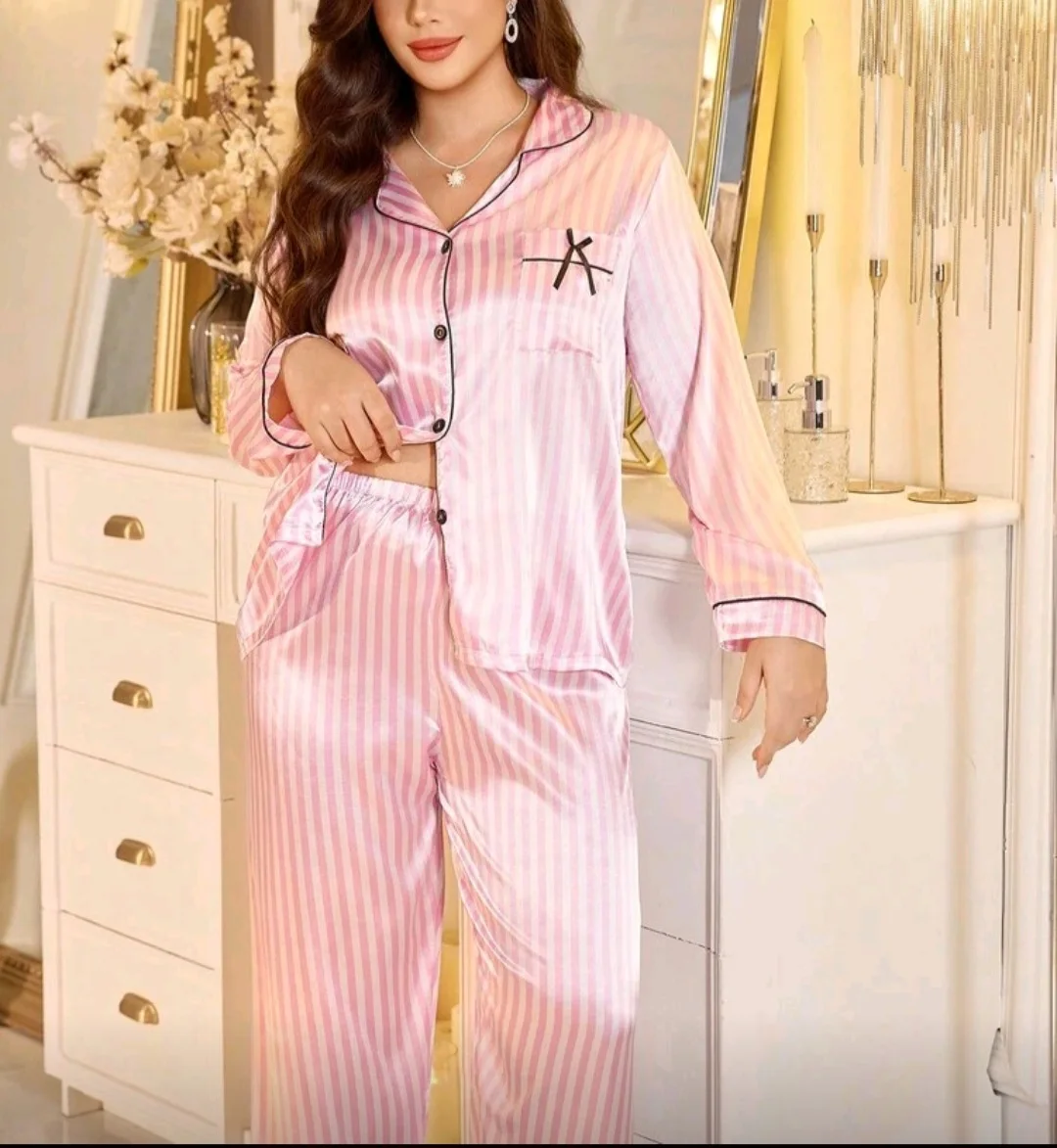 Pyjama satin rose rayé
