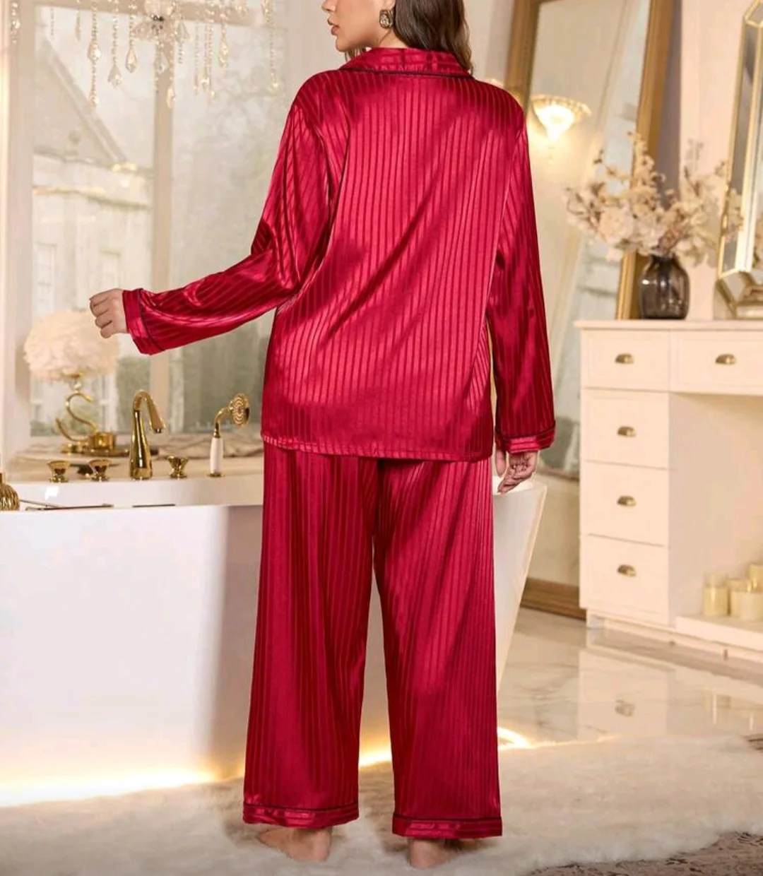 Pyjama satin rouge rayé