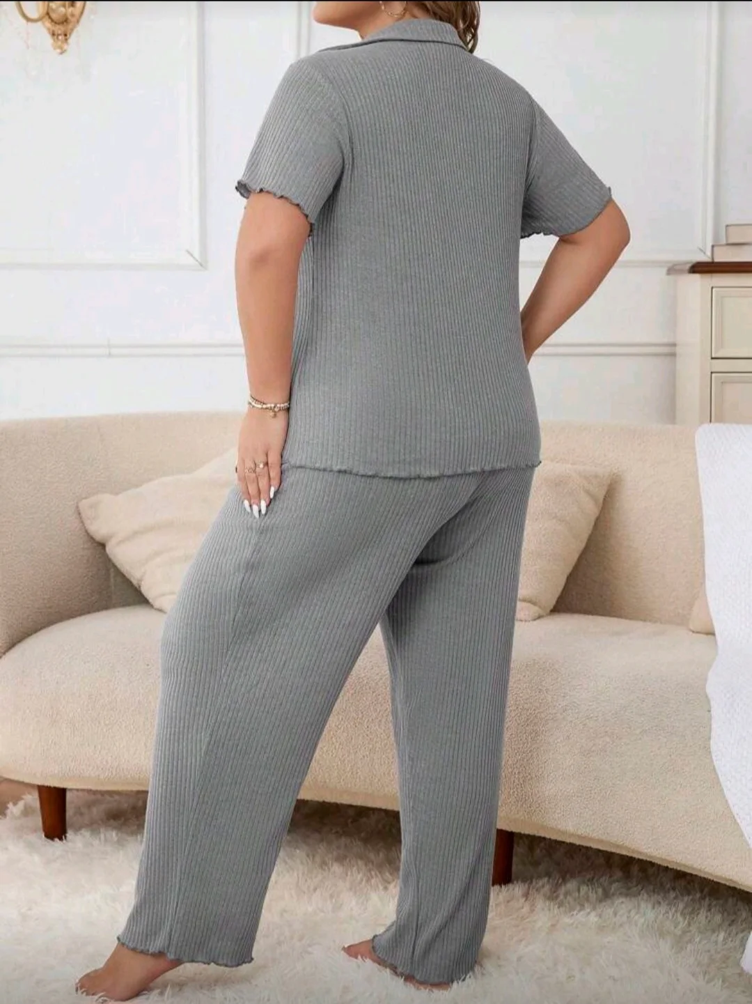 Pyjama gris côtelé à boutons manches courtes