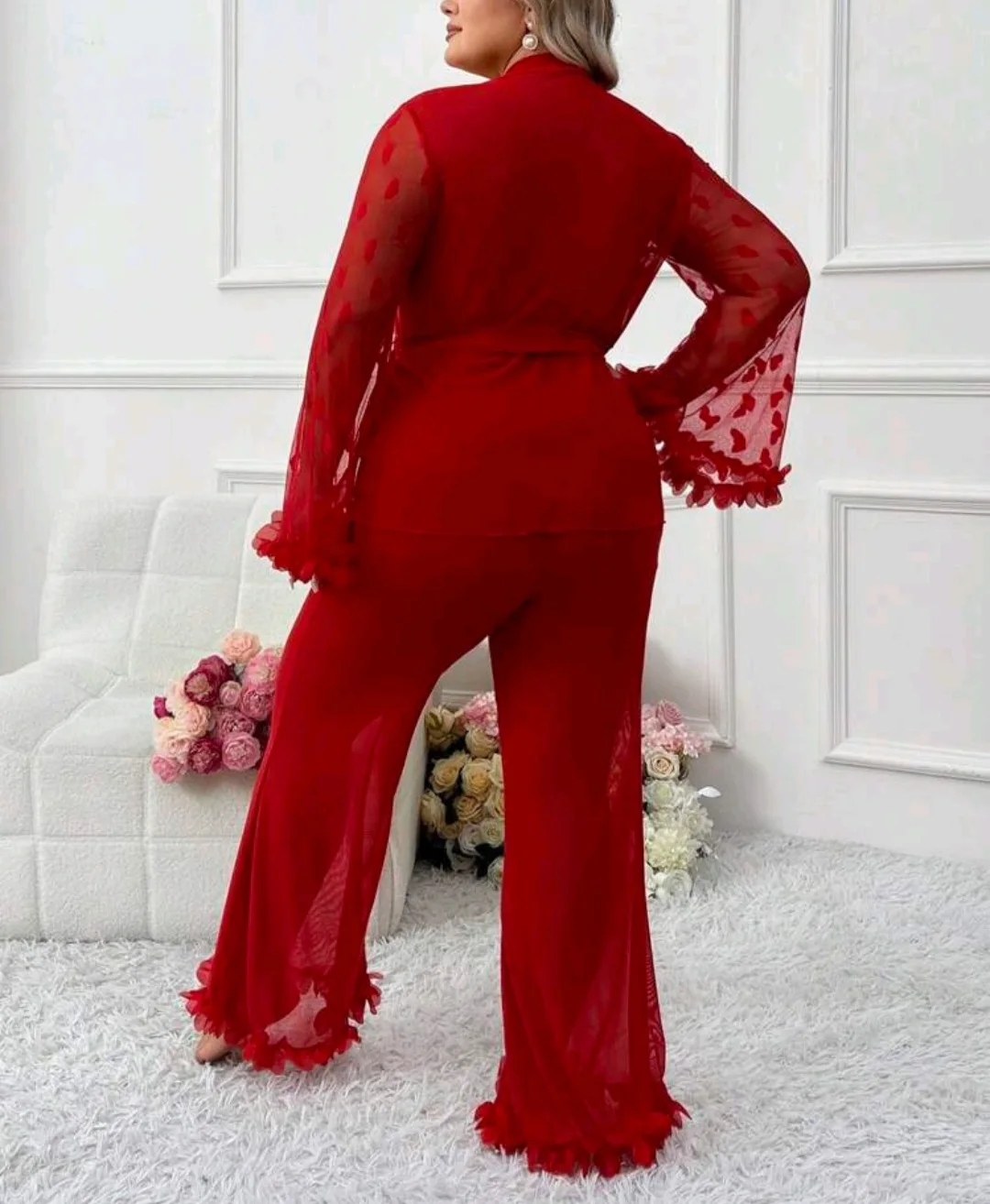 Ensemble rouge tulle transparent à plumes
