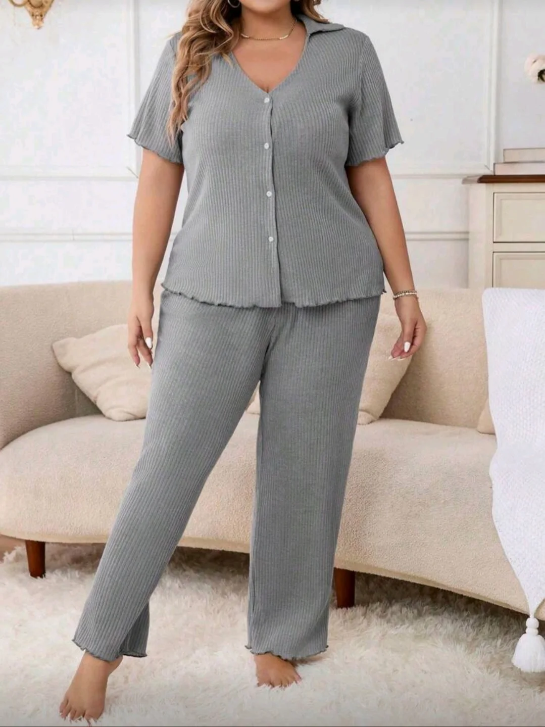 Pyjama gris côtelé à boutons manches courtes