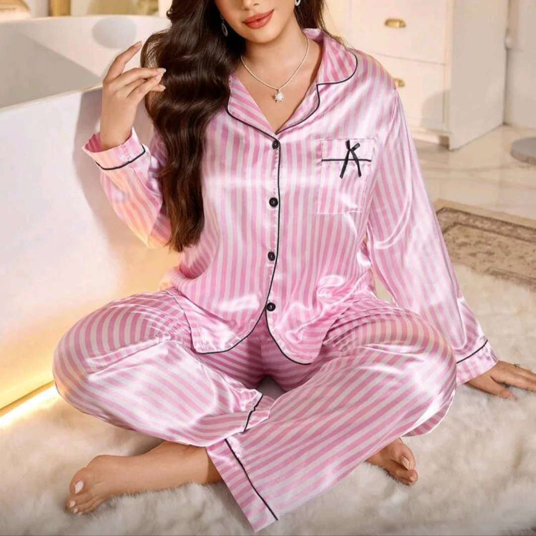 Pyjama satin rose rayé