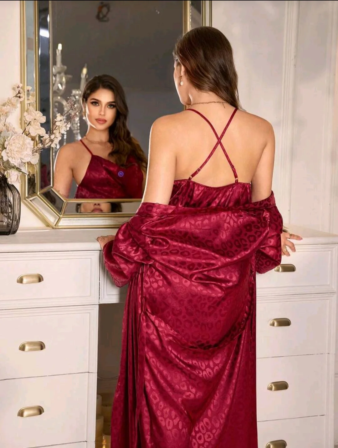 Peignoir et nuisette satin rouge