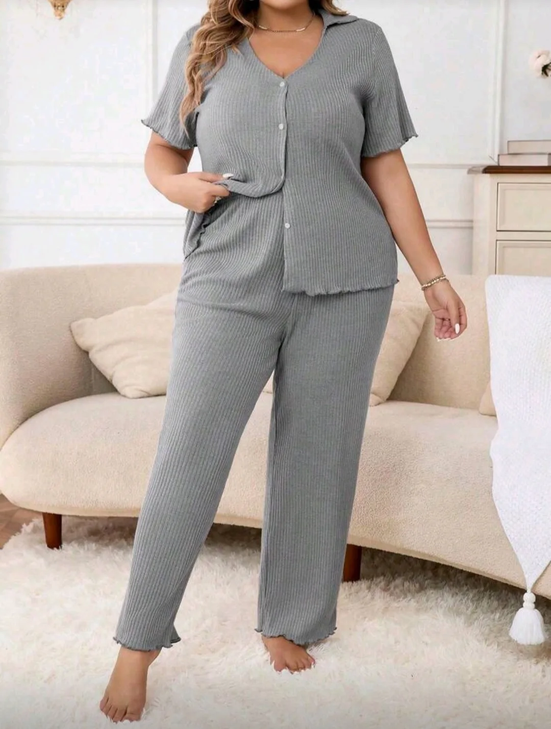 Pyjama gris côtelé à boutons manches courtes