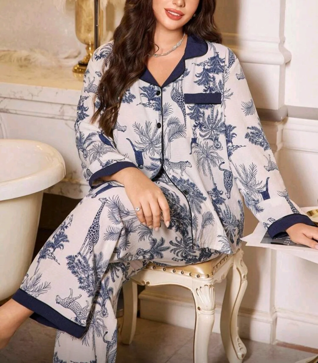 Pyjama satin imprimé jungle bleu