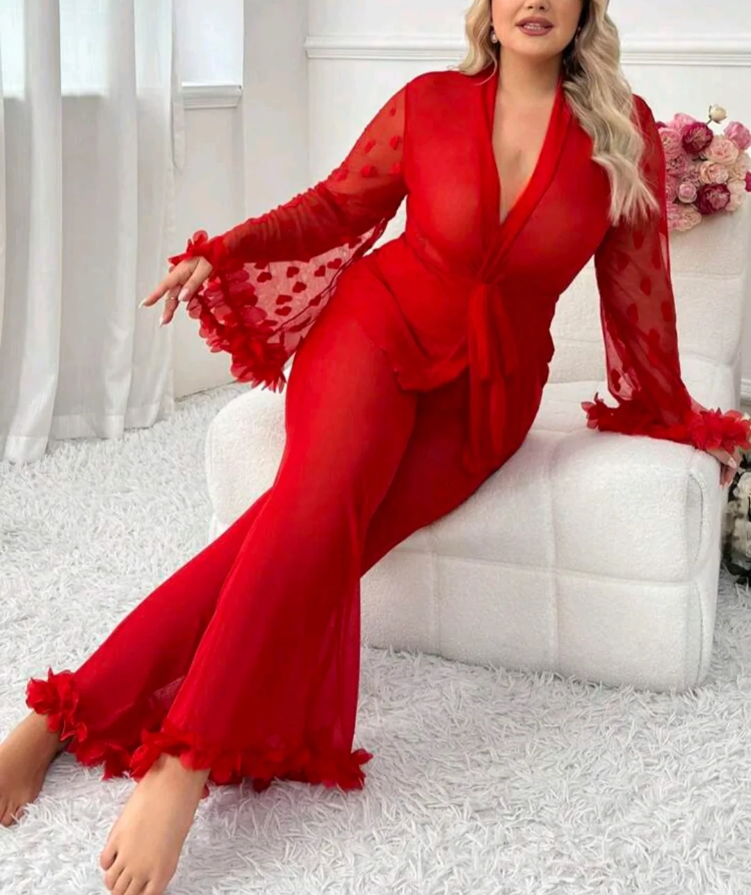 Ensemble rouge tulle transparent à plumes