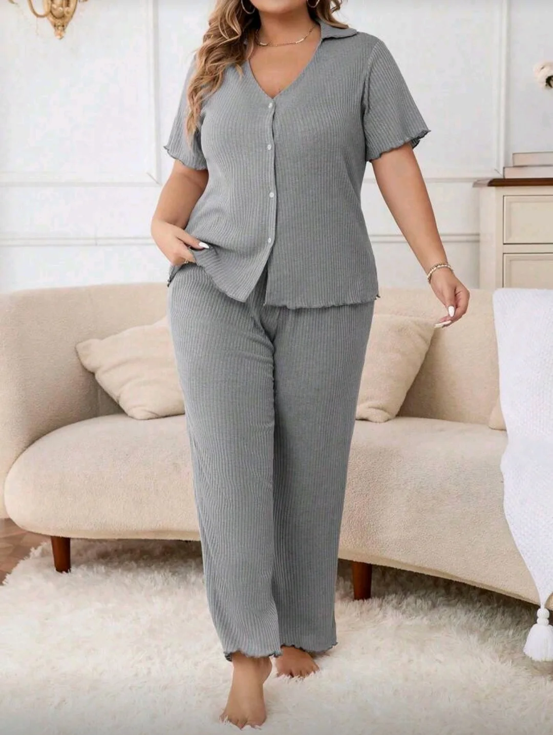 Pyjama gris côtelé à boutons manches courtes