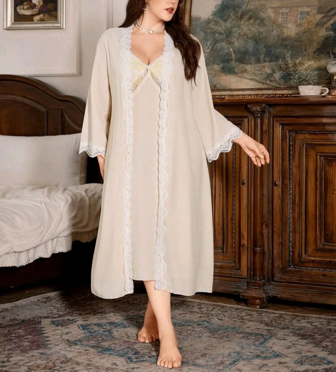 Peignoir beige dentelle
