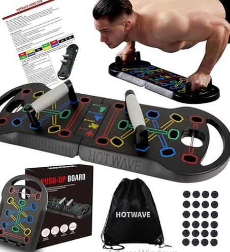 هوت ويف لوح تمارين رفع اللياقة البدنية محمول قابل للطي 20 في 1 في صالة الالعاب الرياضية المنزلية، مقابض تمرين الضغط للارضيات، معدات تدريب القوة الاحترافية للرجال والنساء، بانتظار الحصول على ب
