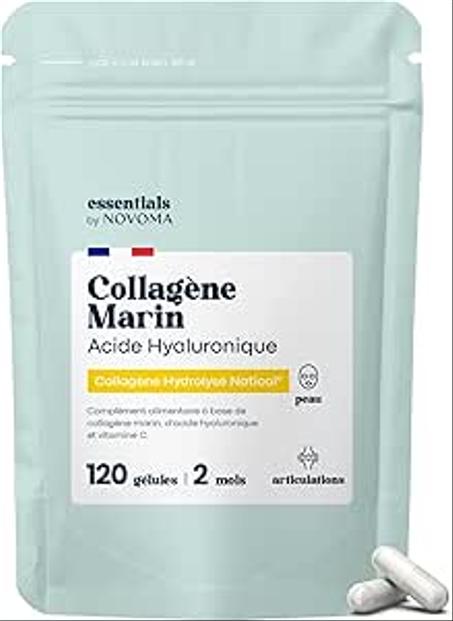 Collagène Marin + Acide Hyaluronique, Peau Hydratée et Articulations Fortes, Cure de 2 mois, 120 Gélules, Collagene Hydrolysé Type 1 Naticol®, Avec Vitamine C, Fabriqué en France, by Novoma