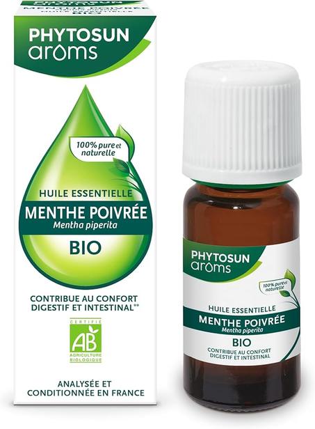 PHYTOSUN AROMS - Huile Essentielle Menthe Poivrée Bio - HEBBD - 100 % Pure & Naturelle - 100% Bio - Contribue au Confort Digestif et Intestinal - Analysée & Conditionnée en France - 10 ml