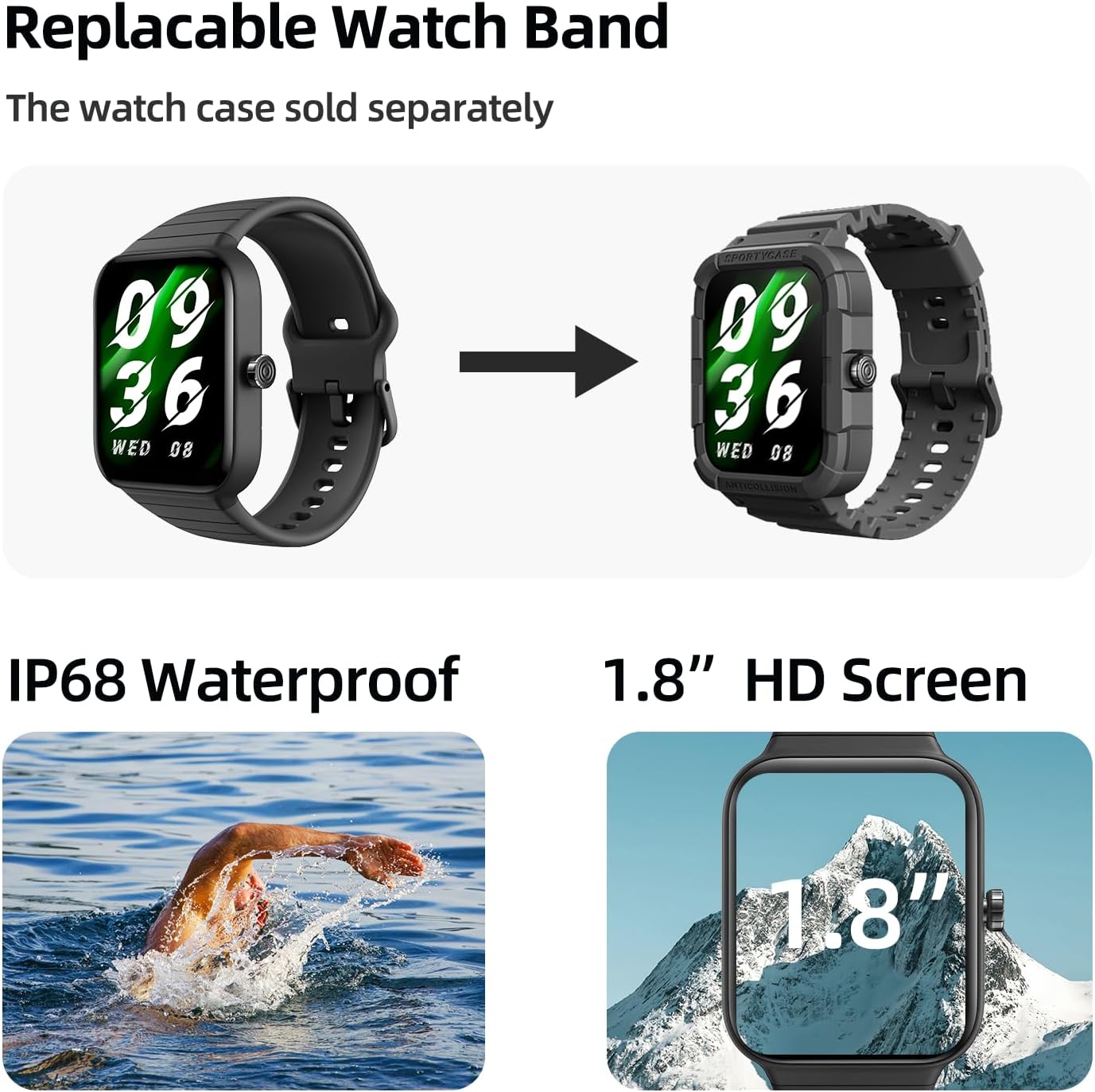 ساعة ذكية للرجال والنساء، الرد / اجراء المكالمات، اليكسا مدمجة، تتبع اللياقة البدنية 1.8 انش مع 100 وضع رياضي، معدل ضربات القلب، الاكسجين في الدم، مراقب النوم، متوافقة مع اندرويد وايفون، مقاو