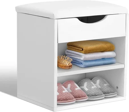 Eleganza  Banc de rangement pour chaussures avec coussin en cuir et tiroir.
