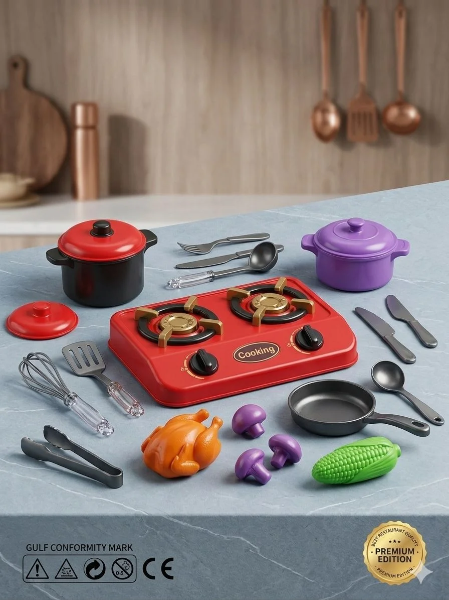 Mini Set de Cuisine Jouet pour Enfants – Réchaud de Cuisson Rouge avec Marmites, Poulet Rôti et Accessoires de Chef – Édition Premium