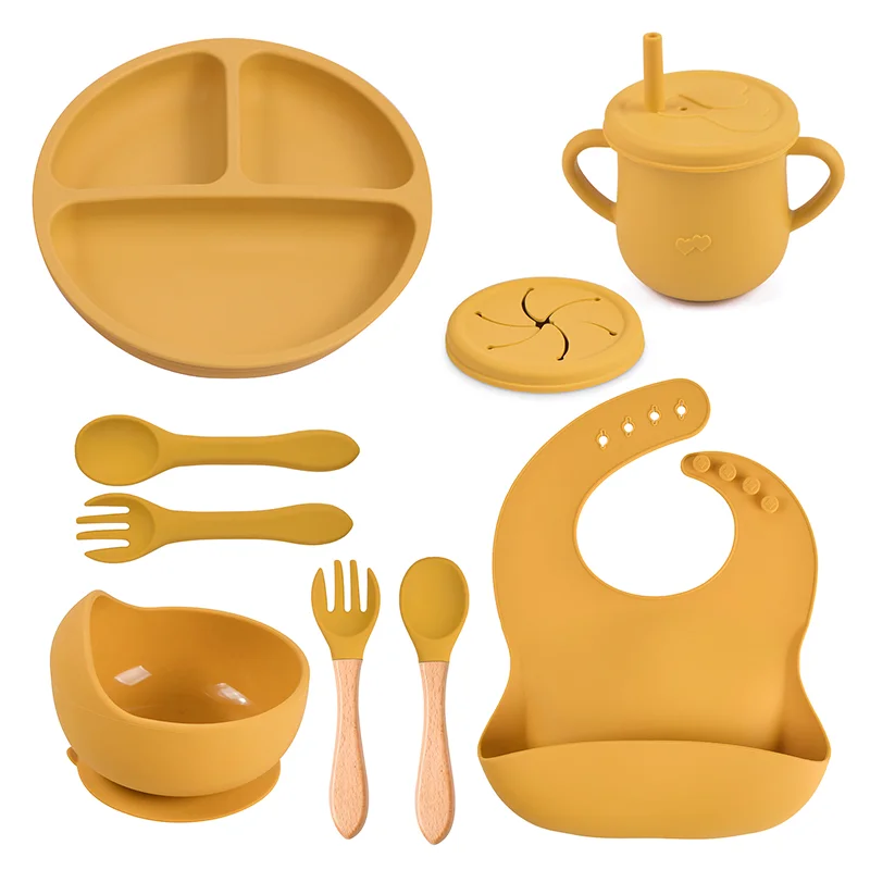 Ensemble Repas Silicone Bébé, silicone alimentaire sans BPA Jaune moutarde