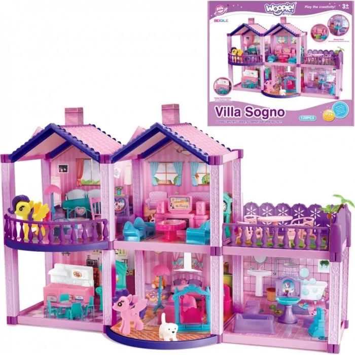 Grande Maison de Poupée « Villa Sogno » DIY – Château de Princesse Violet avec Figurines Poneys & Mobilier Inclus – 122 Pièces – 3 Ans