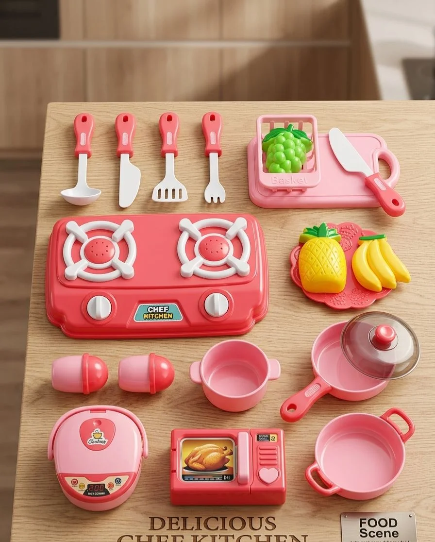 Grand Set de Cuisine Jouet « Delicious Chef Kitchen » – Mini Électroménager avec Cuiseur à Riz, Micro-Ondes, Poêle et Fruits – 3 Ans
