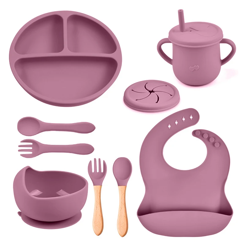 Ensemble Repas Silicone Bébé, silicone alimentaire sans BPA 9 piéces Violet
