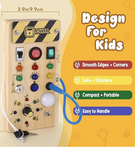 لوحة بيزي مونتيسوري للاطفال الصغار ، خشبية ومزود بـ 8 مفاتيح اضاءة LED العاب حسية بمفتاح للسفر بعمر سنة واكبر وردي (2)