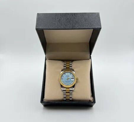 ROLEX GRIS GOLD TABLEAU BLEU CIEL FEMMES BOITE SIMPLE