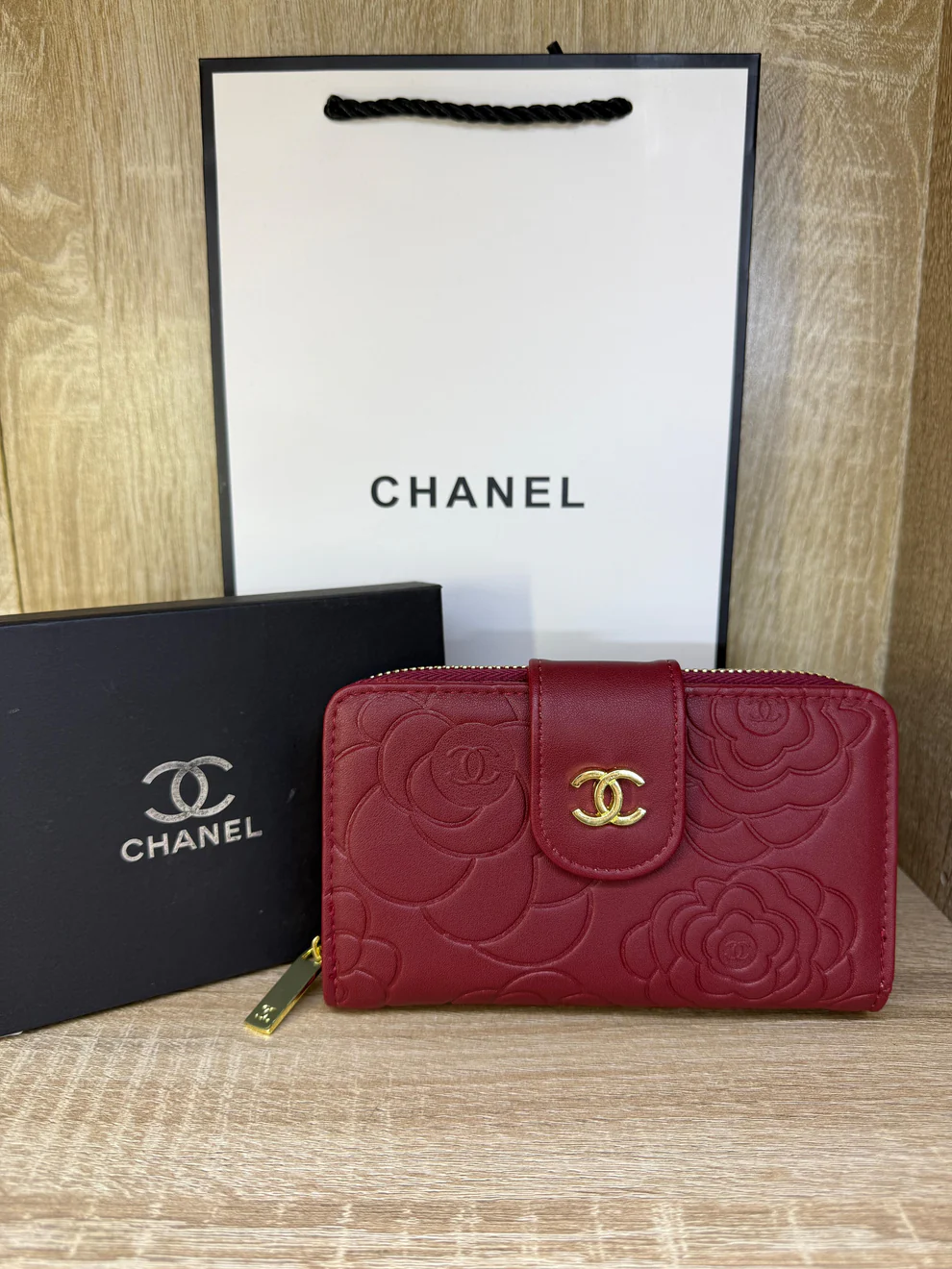 PORTE MONNAIE MOYEN FEMMES CHANEL BORDEAUX AVEC SACHET