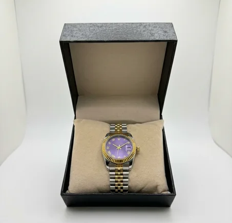 ROLEX GRIS GOLD TABLEAU MAUVE FEMMES BOITE SIMPLE
