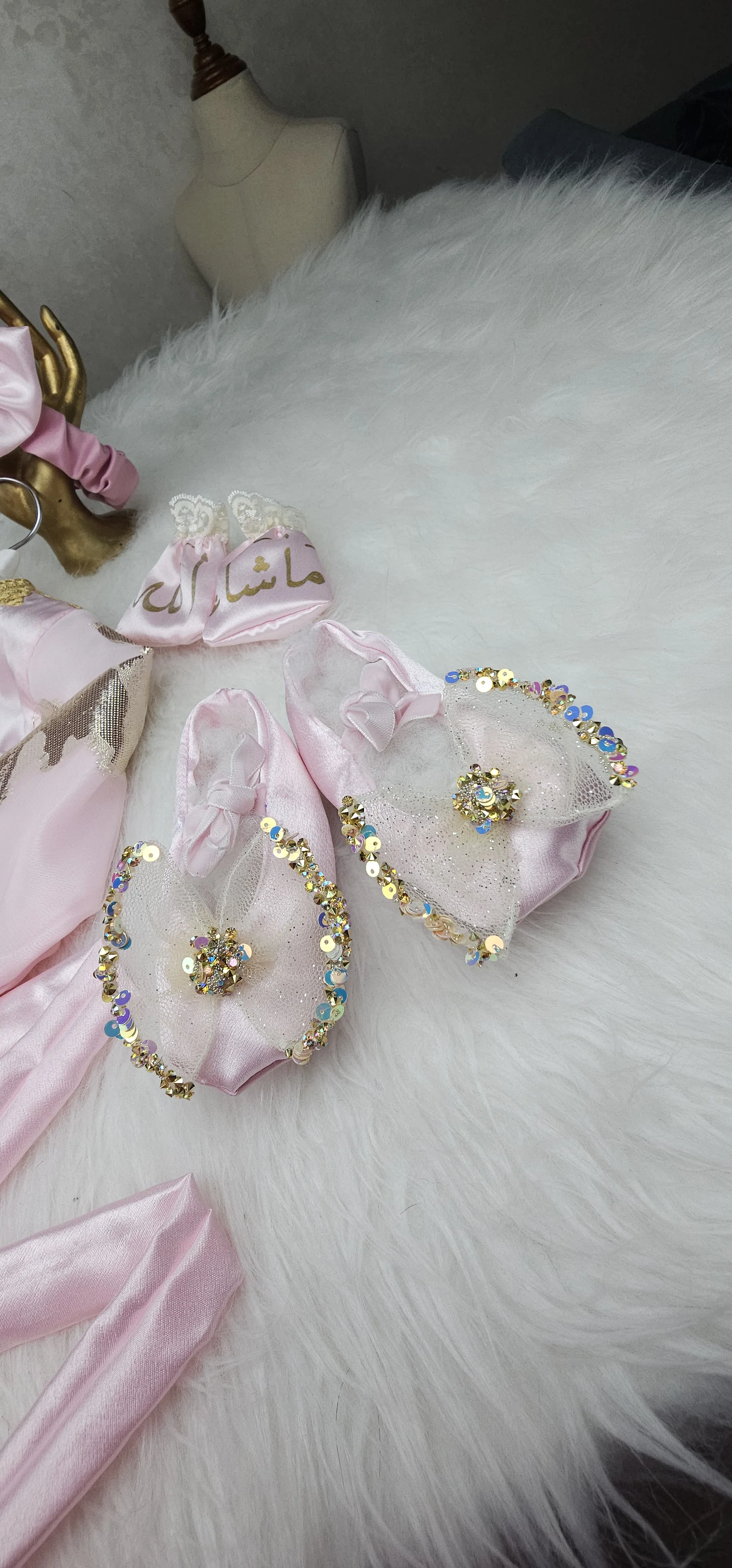 Nfissa Box Bébé – Robe Caftan Rose Pastel - Doré