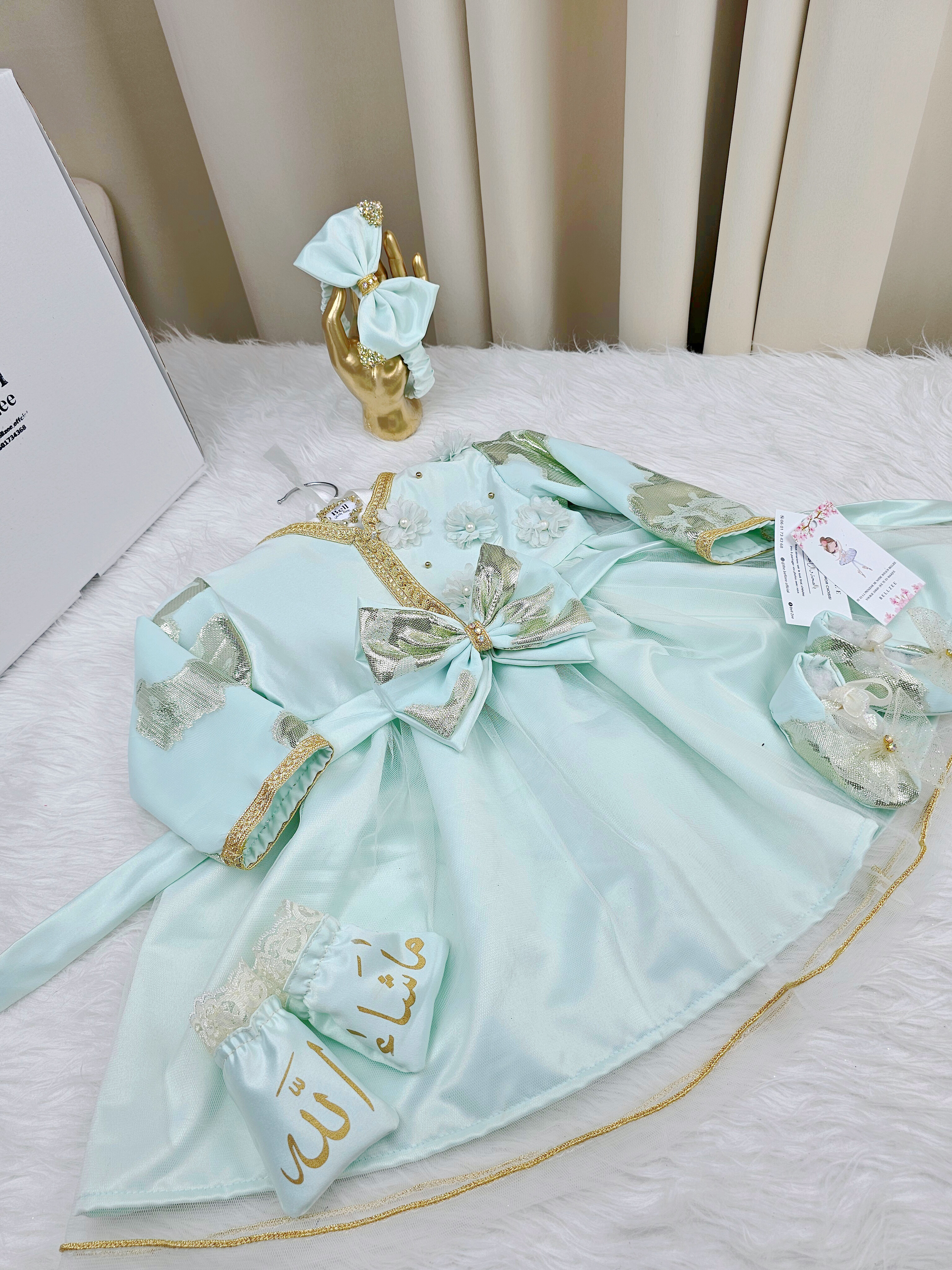 Nfissa Box Bébé – Robe Caftan & Accessoires Vert Eau