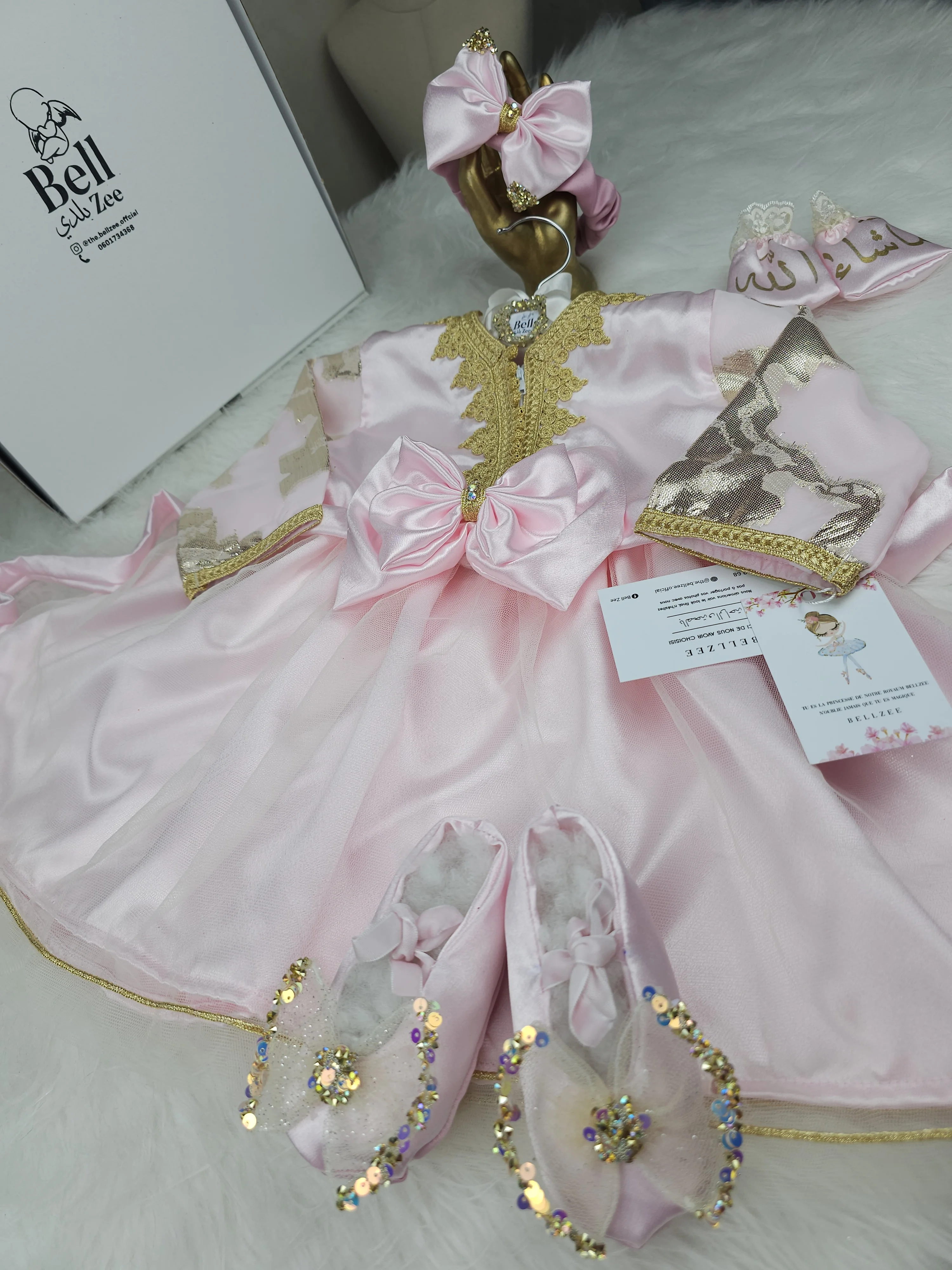 Nfissa Box Bébé – Robe Caftan Rose Pastel - Doré
