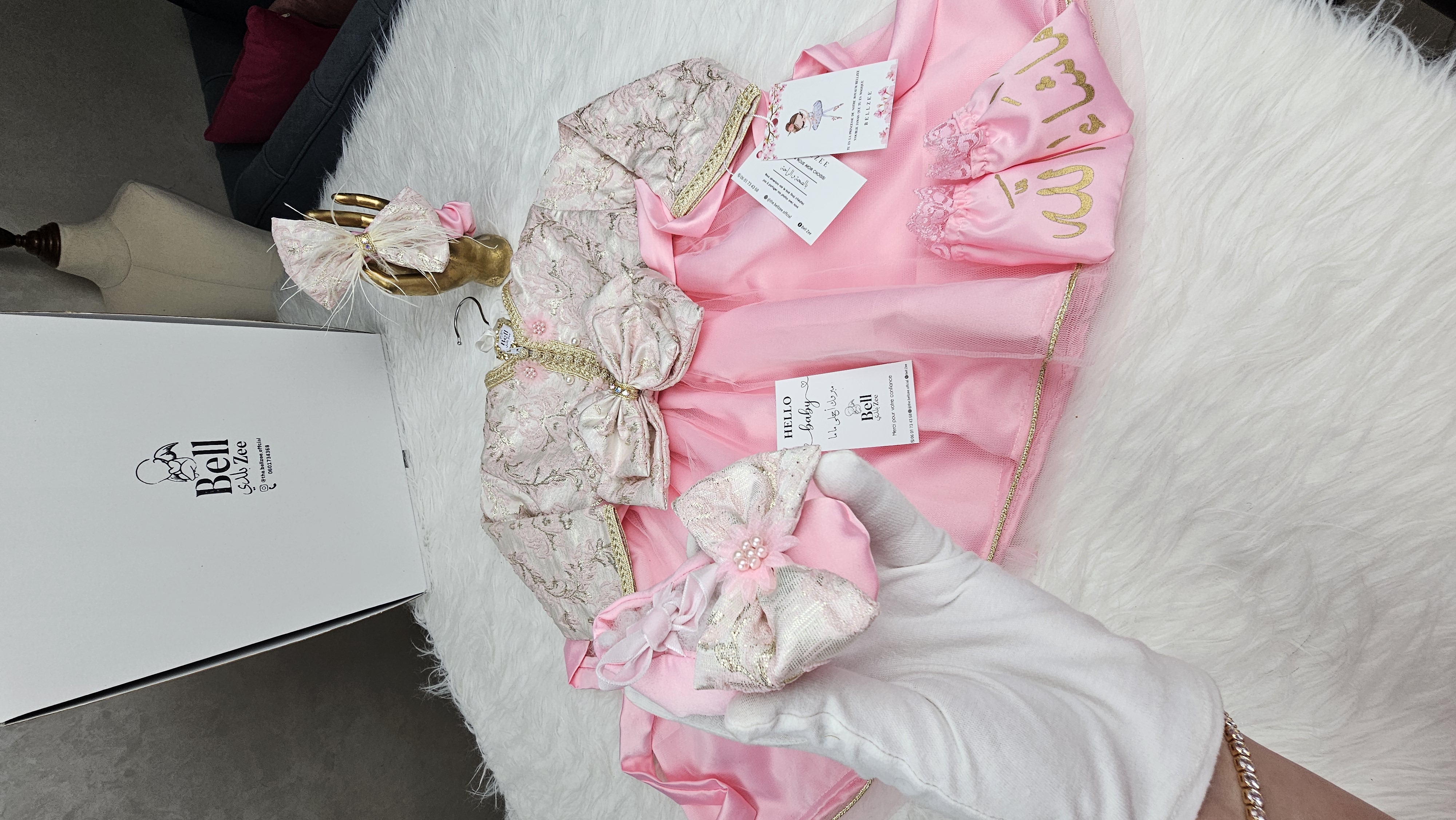 Nafissa Box Bébé – Robe Caftan Rose Bonbon & Doré