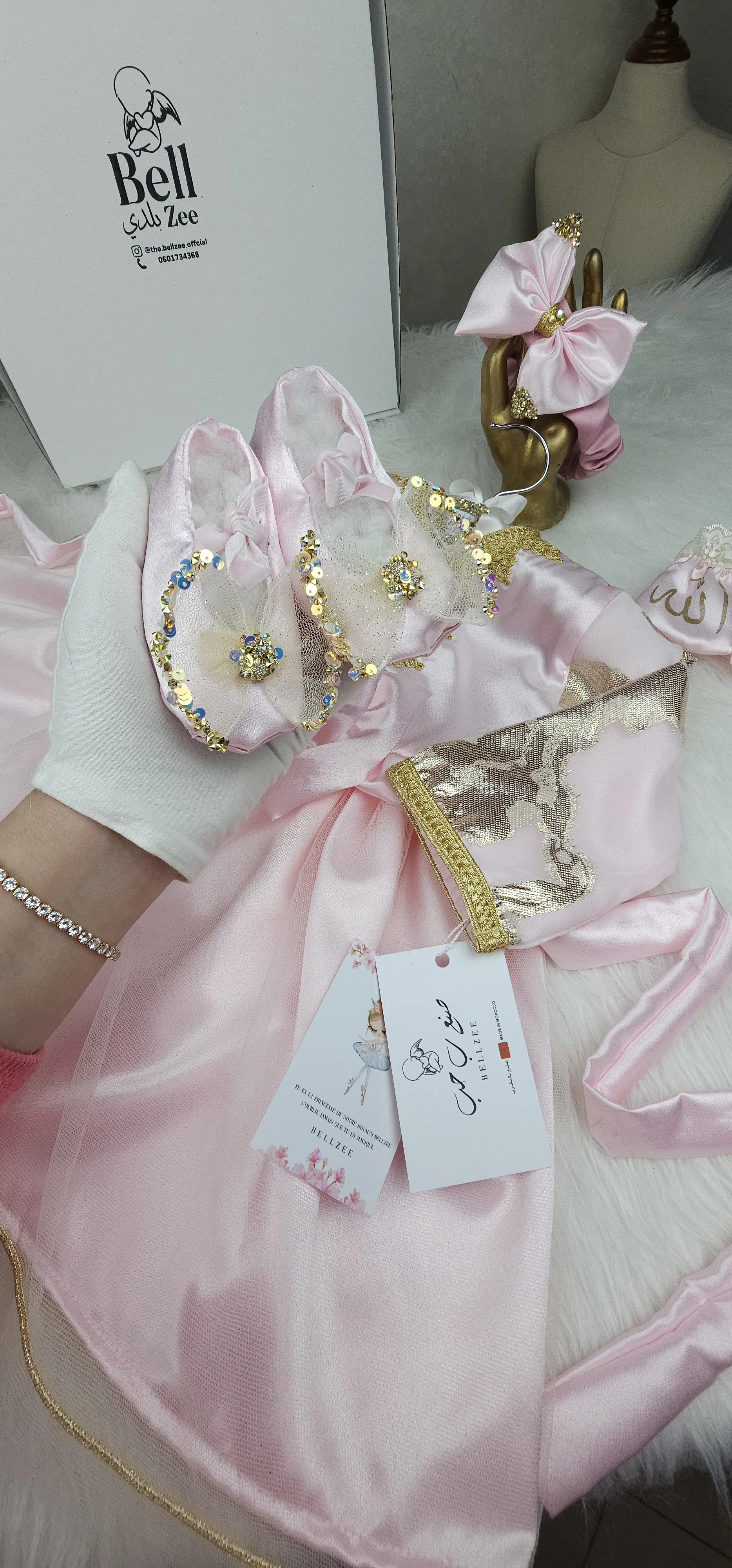 Nfissa Box Bébé – Robe Caftan Rose Pastel - Doré