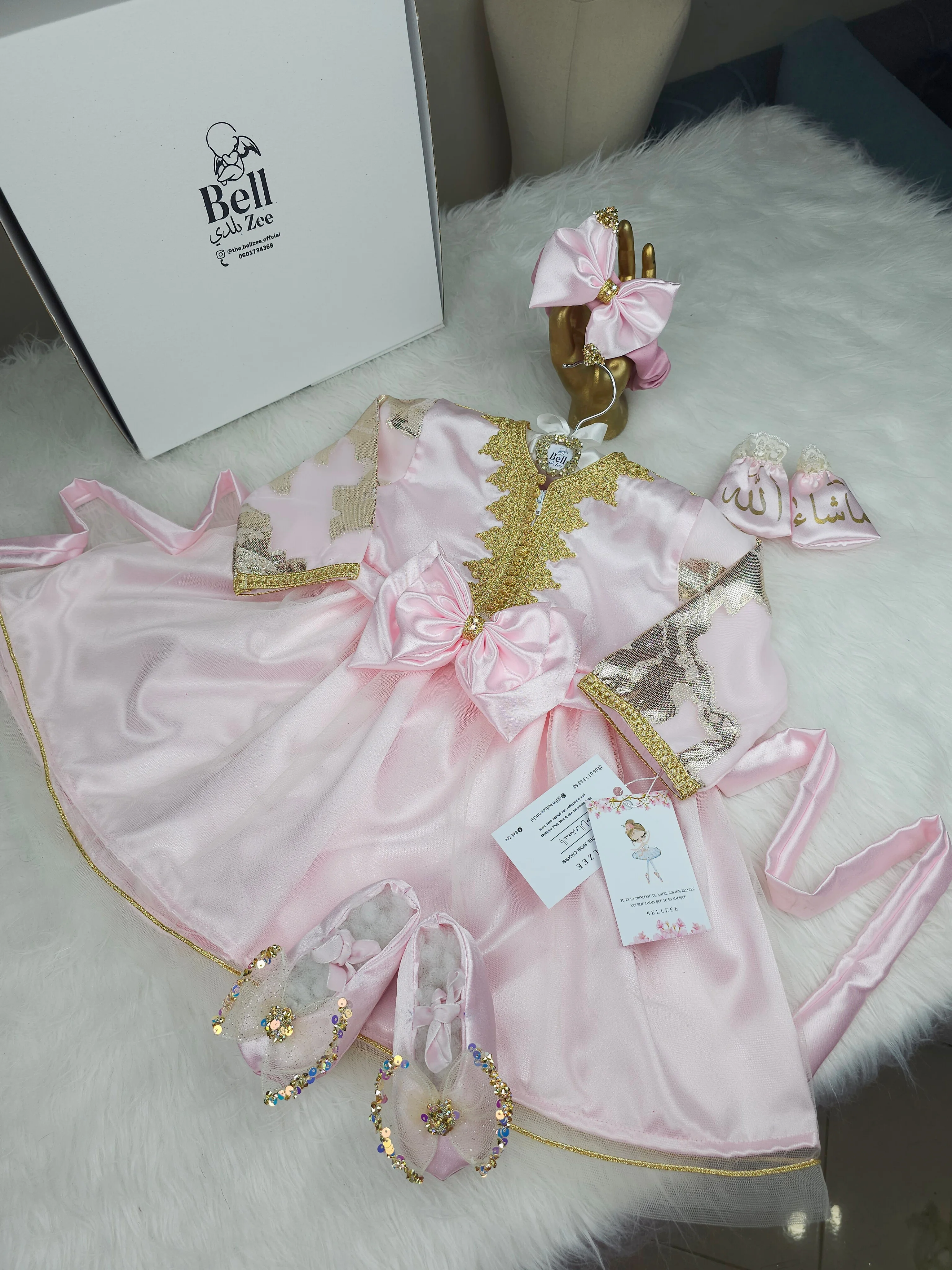 Nfissa Box Bébé – Robe Caftan Rose Pastel - Doré