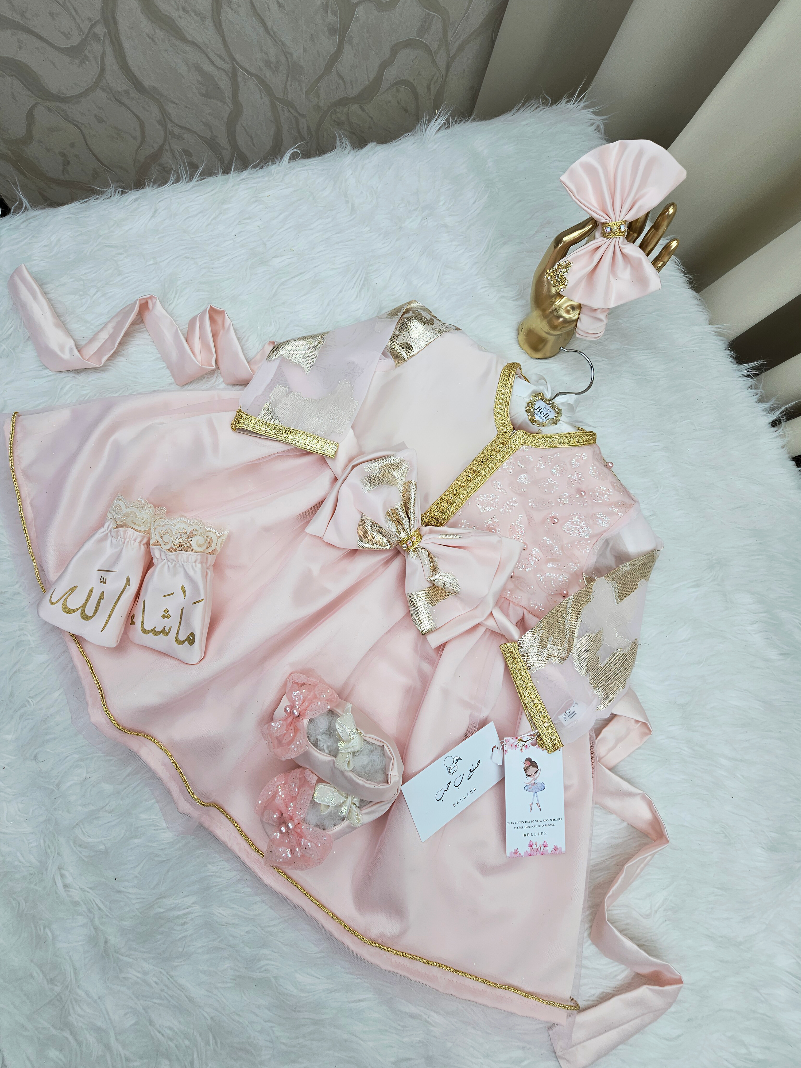 Nfissa Box Bébé – Robe Caftan Rose Pastel & Doré