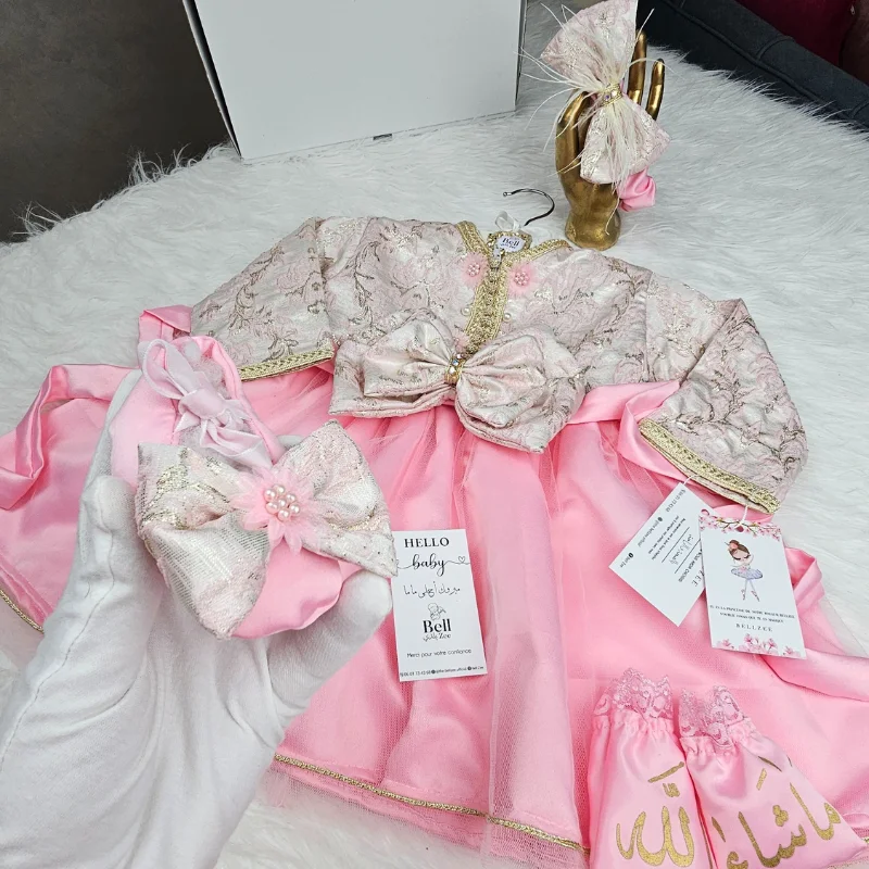 Nafissa Box Bébé – Robe Caftan Rose Bonbon & Doré