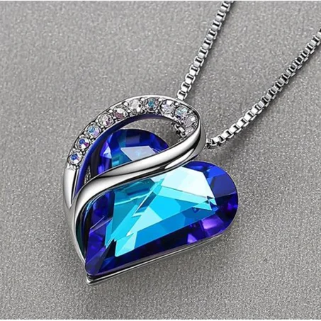 blue Heart Pendant Necklace with Birthstone Crystals