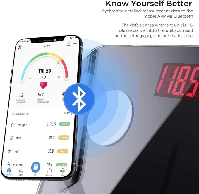 ميزان ذكي لتحليل الجسم – دهون، عضلات، BMI + بلوتوث وتطبيق الهاتف
