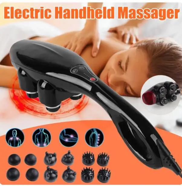 جهاز تدليك محمول بالأشعة تحت الحمراء الكهربائي متعدد الوظائف بأربعة رؤوس لعضلات الأنسجة العميقة، يعزز الدورة الدموية ومدلك للجسم بالكامل والرقبة بالأخص بمقبض طويل