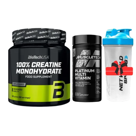 PACK - CREATINE BIOTECHUSA 300G - MULTIVITAMINE MUSCLETECH 90 TAB - SHAKER