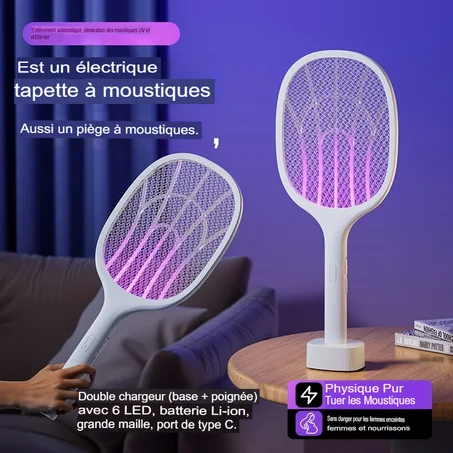 Anti-moustiques 2 en 1 multifonctionnel : Raquette Électrique Anti-Moustiques et Insectes Volants, Rechargeable avec Lumière UV Violette Piégeante