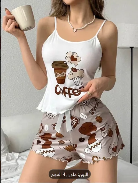 طقم بيجاما نسائي بطبعة كرتونية وزينة على شكل فيونكة