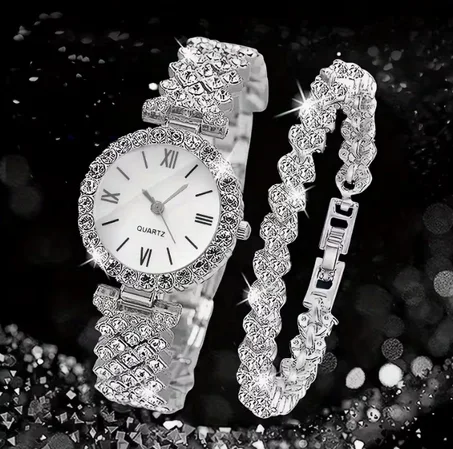 1 ساعة كوارتز أنيقة للنساء + 1 سوار