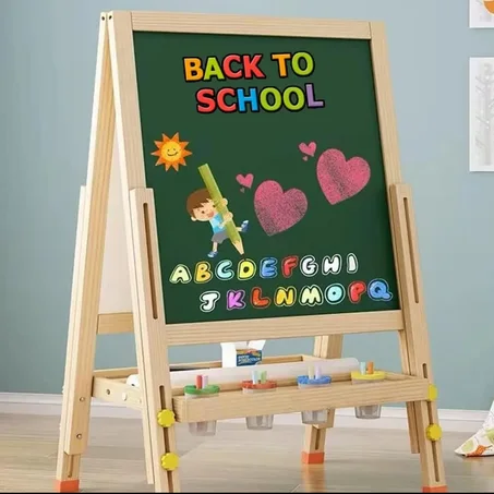 حامل خشبي للأطفال على الوجهين، لوحة رسم مغناطيسية فنية على الوجهين + ملحقات