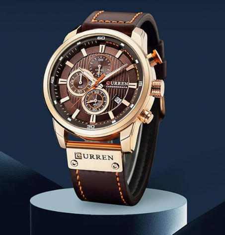 كورين ساعة يد كرونوغراف عسكرية بسوار جلدي للرجال، مقاومة للماء، ساعة يد كوارتز للتاريخ، هدايا بلون بني ذهبي