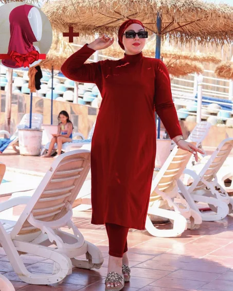 تخفيض حصري لا تفوتي فرصة للاستمتاع بالسباحة بحرية وثقة مع بوركيني مكون من 3 قطع + فولار هدية 🎁