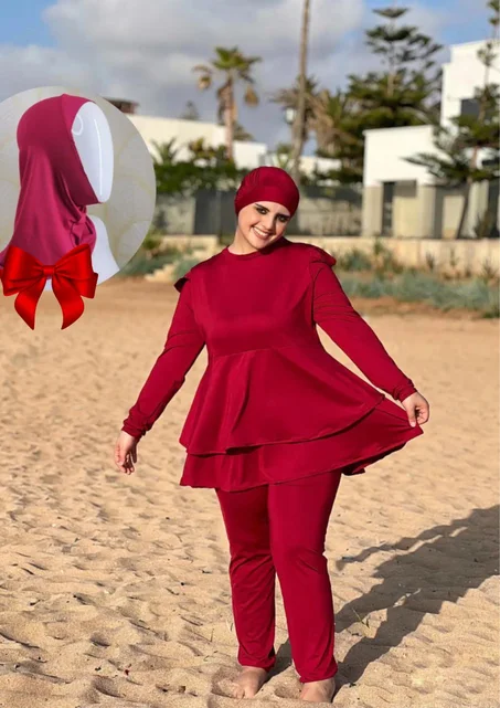 تخفيض حصري لا تفوتي فرصة للاستمتاع بالسباحة بحرية وثقة مع بوركيني مكون من 3 قطع + فولار هدية 🎁