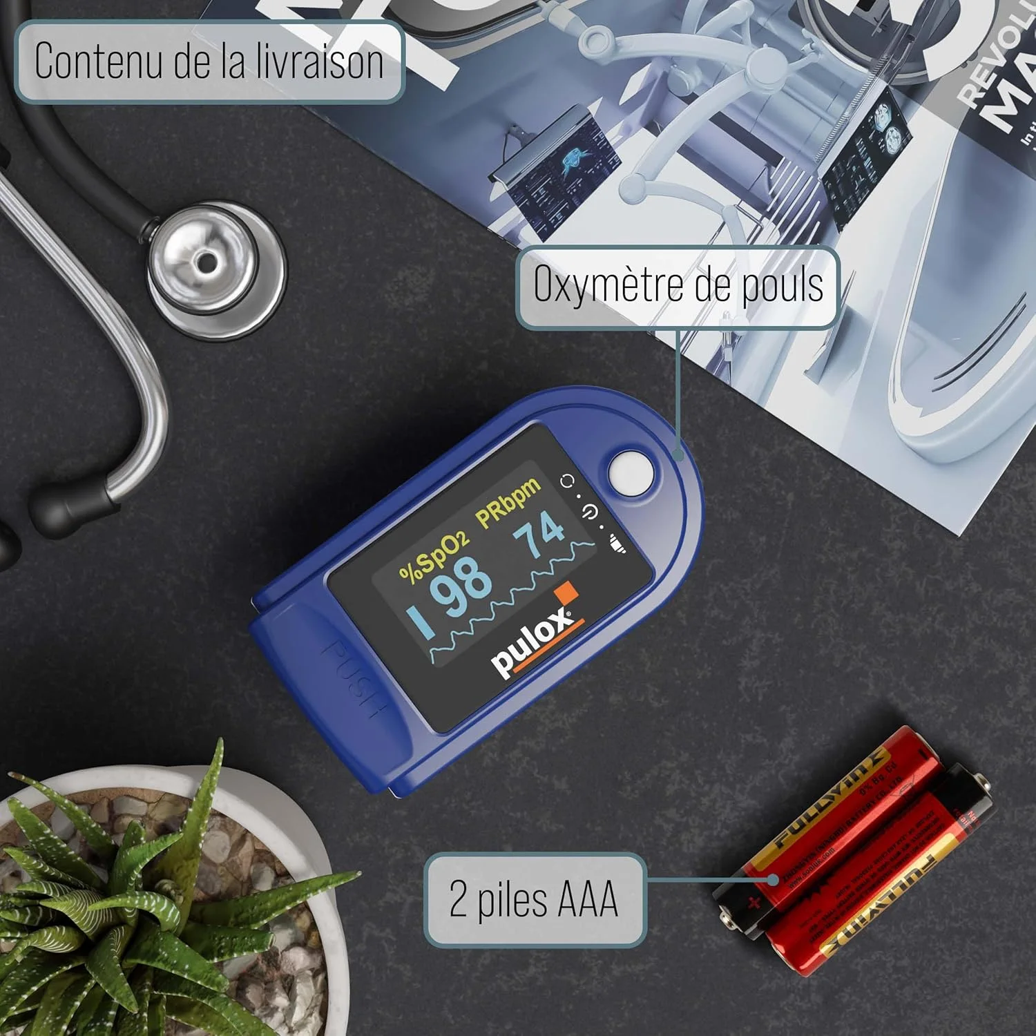 Oxymètre de pouls - Saturometre professionnel pour mesurer saturation en oxygène, pouls et indice de perfusion