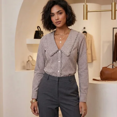 Chemise "Vichy Rétro" – Grand Col à Volants & Imprimé Carreaux