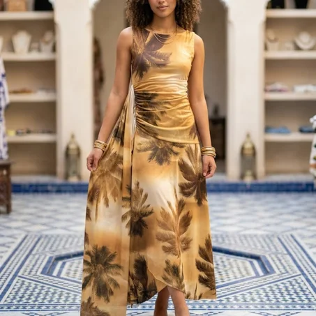 Robe Longue d'Été "Oasis Tropical" – Imprimé Palmiers & Coupe Drapée