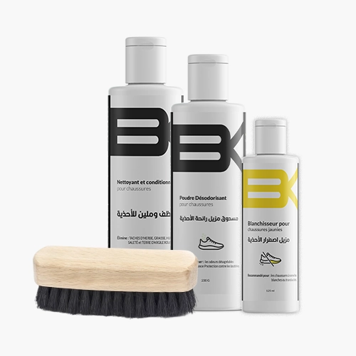 Pack   Brosse +منظف الأحذية + مزيل اصفرار + مزيل روائح الأحذية